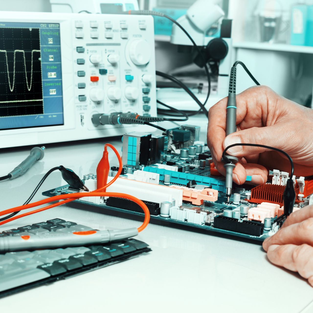 Professional biomedical equipment repair technician servicing patient monitoring system, Expert biomedical equipment repair specialist performing calibration on infusion pump, Before and after biomedical equipment repair showing restored medical device functionality
