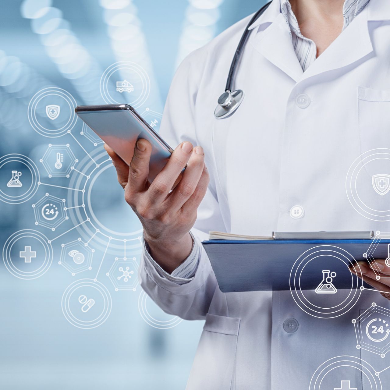 Professional medical device repair technician calibrating diagnostic equipment, Expert medical device repair specialist performing precision testing on patient monitor