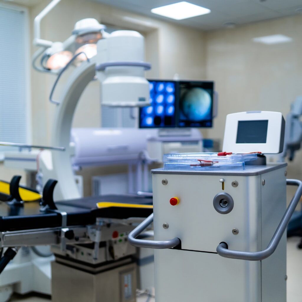 Professional cosmetic surgery equipment repair specialist servicing advanced laser aesthetic device, Expert aesthetic equipment maintenance technician performing precision calibration procedures, Before and after cosmetic surgery equipment repair showing restored performance, Certified cosmetic equipment repair workshop with specialized diagnostic tools, Emergency cosmetic surgery equipment repair service with mobile technician support